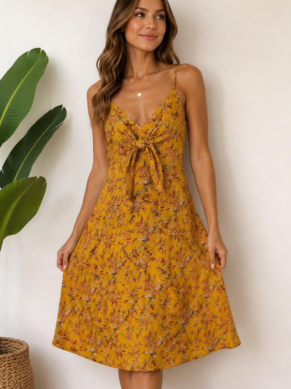Xhilaration Women’s Floral Midi Dress Size L Mustard Yellow Rayon Tie Front